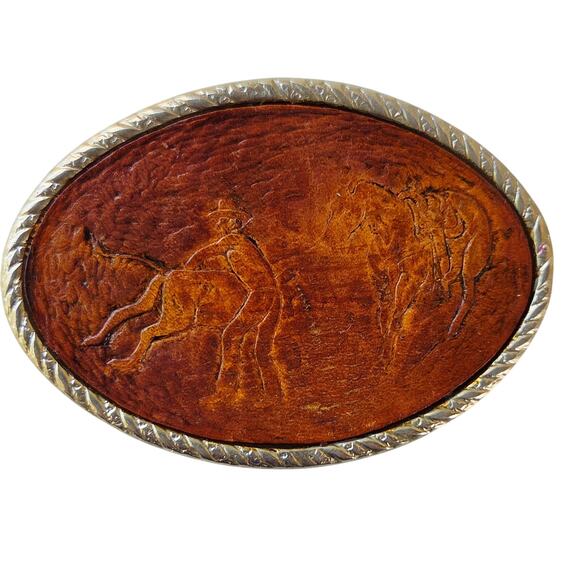 Vintage Embossed Leather Belt SilverTone Rodeo Roper Buckle 1970s Western Cowboy - Picture 4 of 8
